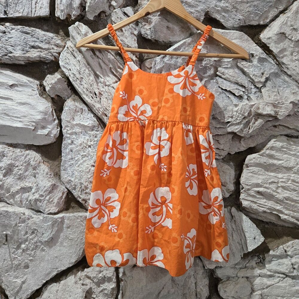 Vintage Y2K Hawaiian Floral Sundress Beachy Dress Girls 5-6 , 100% Cotton Orange